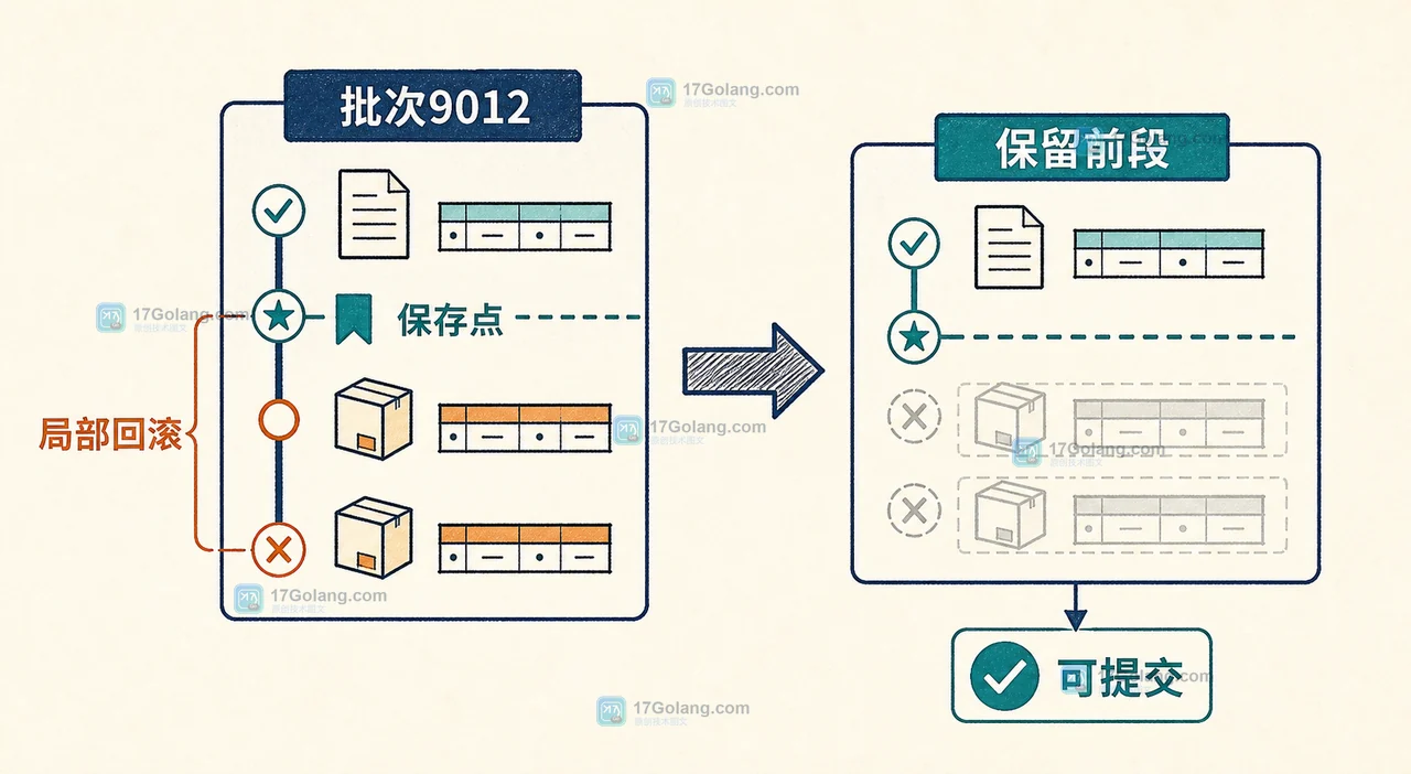 MySQL SAVEPOINT 局部回滚前后对比:批次与订单明细保留关系变化
