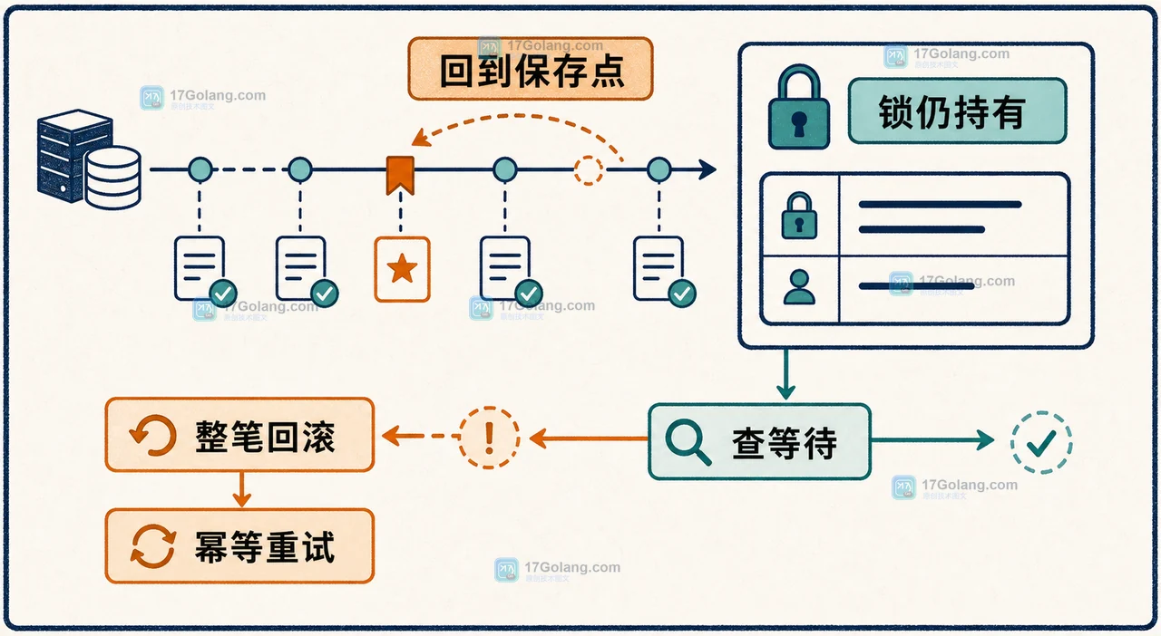 MySQL SAVEPOINT 局部回滚后的锁状态检查:事务保留与整笔回滚分支