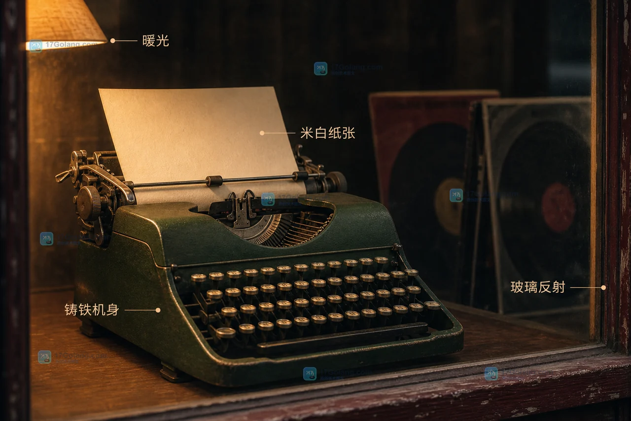 旧唱片店橱窗中的深绿色复古打字机与米白海报纸主成片
