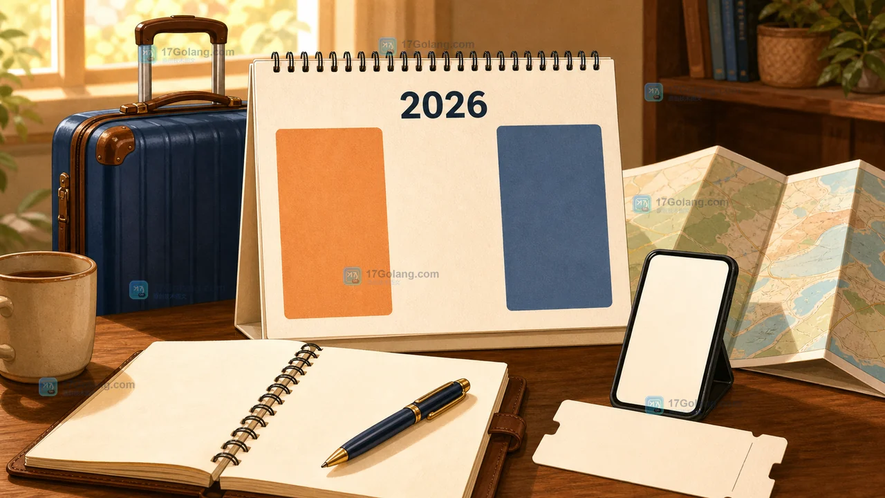 2026年中秋与国庆日期分段标记及调休提醒的旅行日历插画