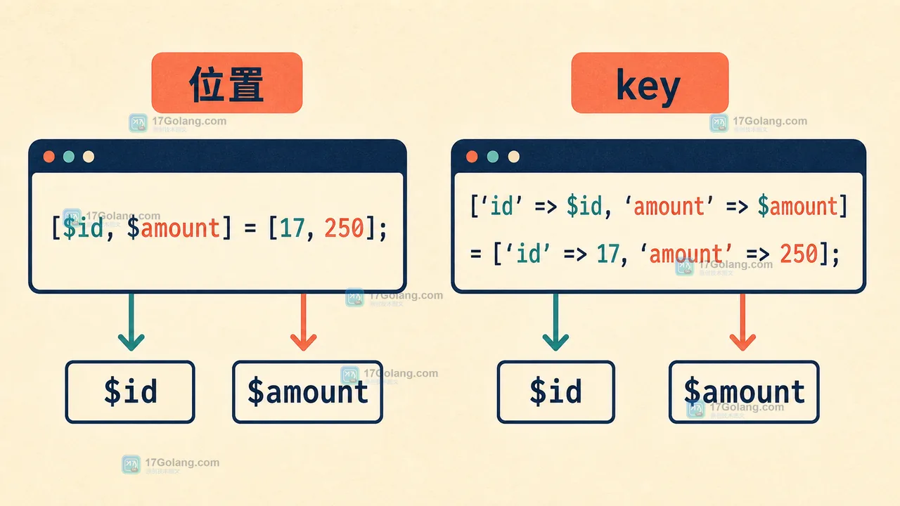 PHP 数组解构中数字索引按位置取值、关联数组按 key 映射的对比示意图