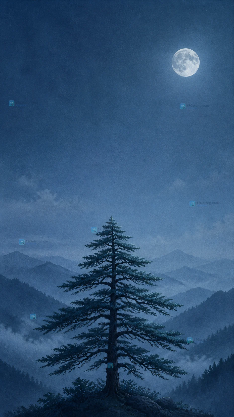 雾蓝雪松月光手机壁纸主成片,顶部留出锁屏时间留白