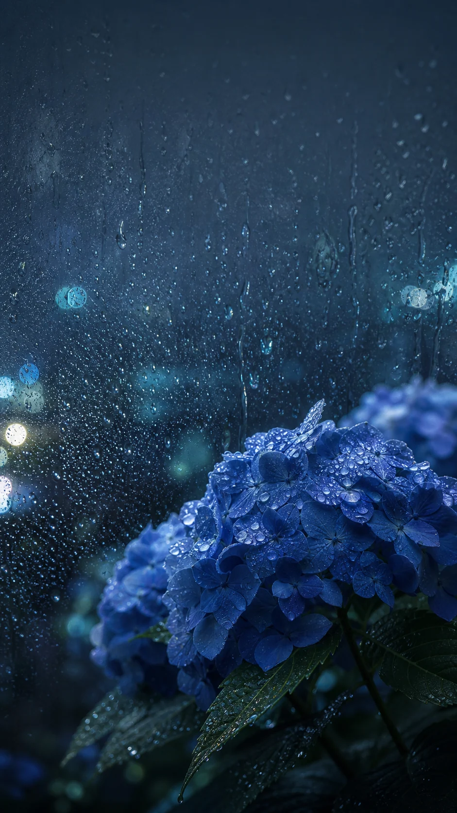 雨夜玻璃窗水珠与蓝色绣球花竖屏手机壁纸,顶部保留锁屏时间留白