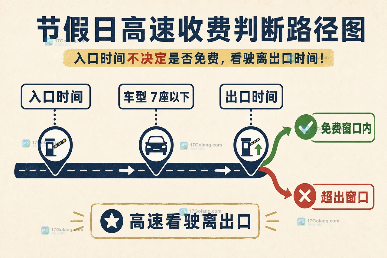 高速免费边界判断示意,按入口时间、出口时间和7座以下车型分支确认是否收费