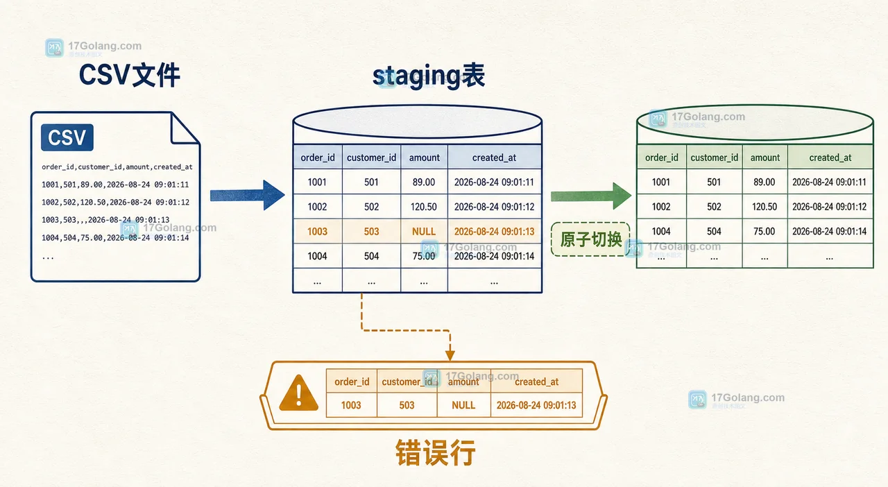 MySQL LOAD DATA 从文件解析到临时表验收再切换业务表的流程示意