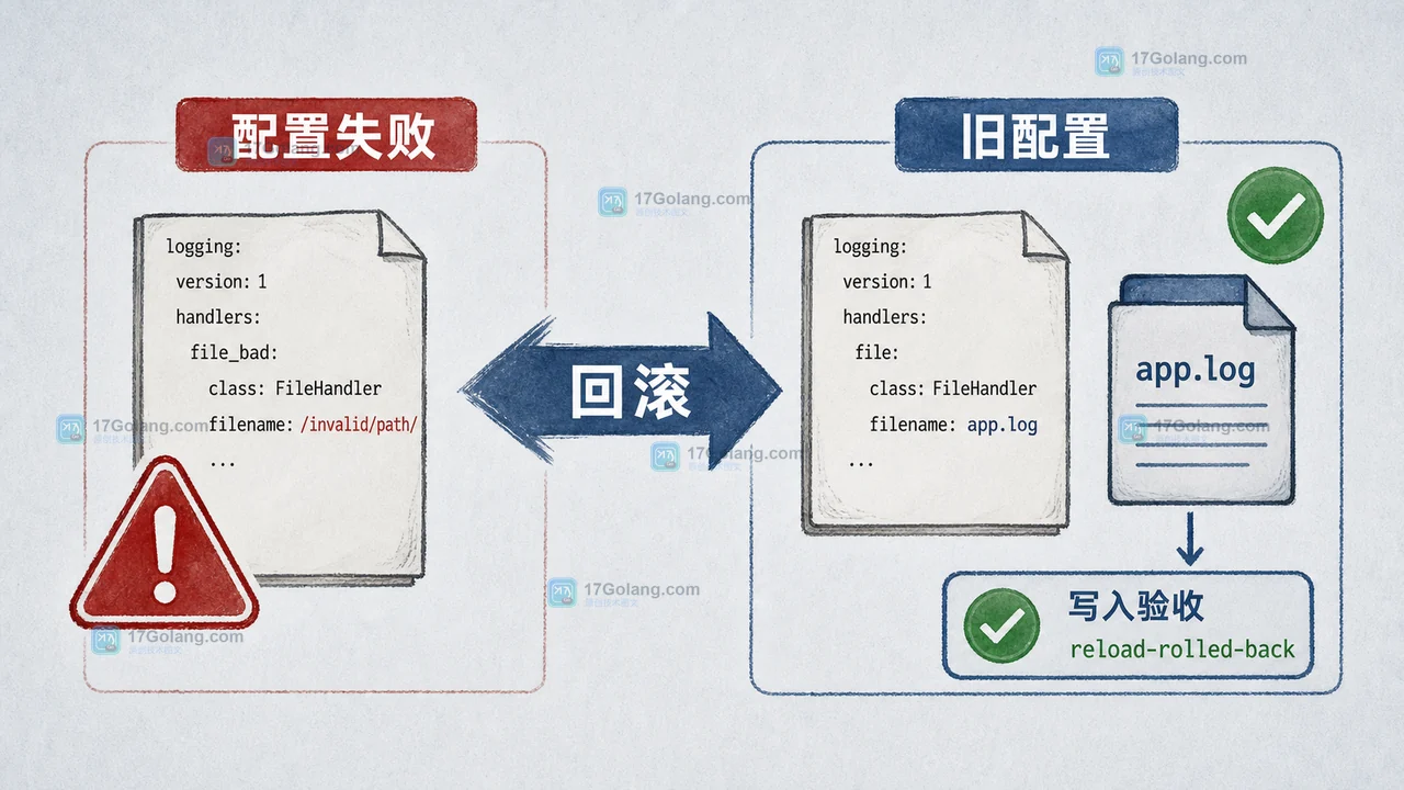 Python logging.config.dictConfig 怎么安全热更新：旧日志器、文件句柄与回滚检查