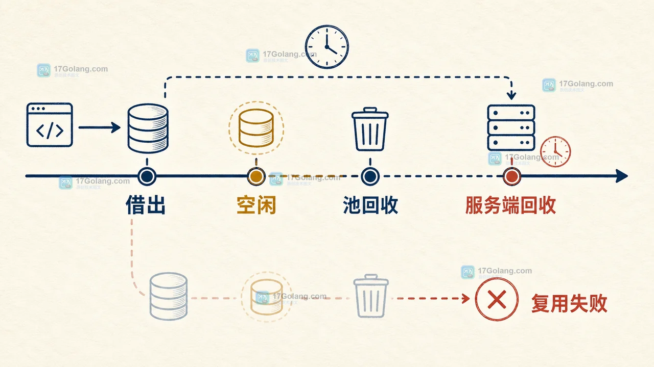 MySQL wait_timeout 与连接池空闲回收的时间线：连接借出、空闲、服务端回收和业务复用失败