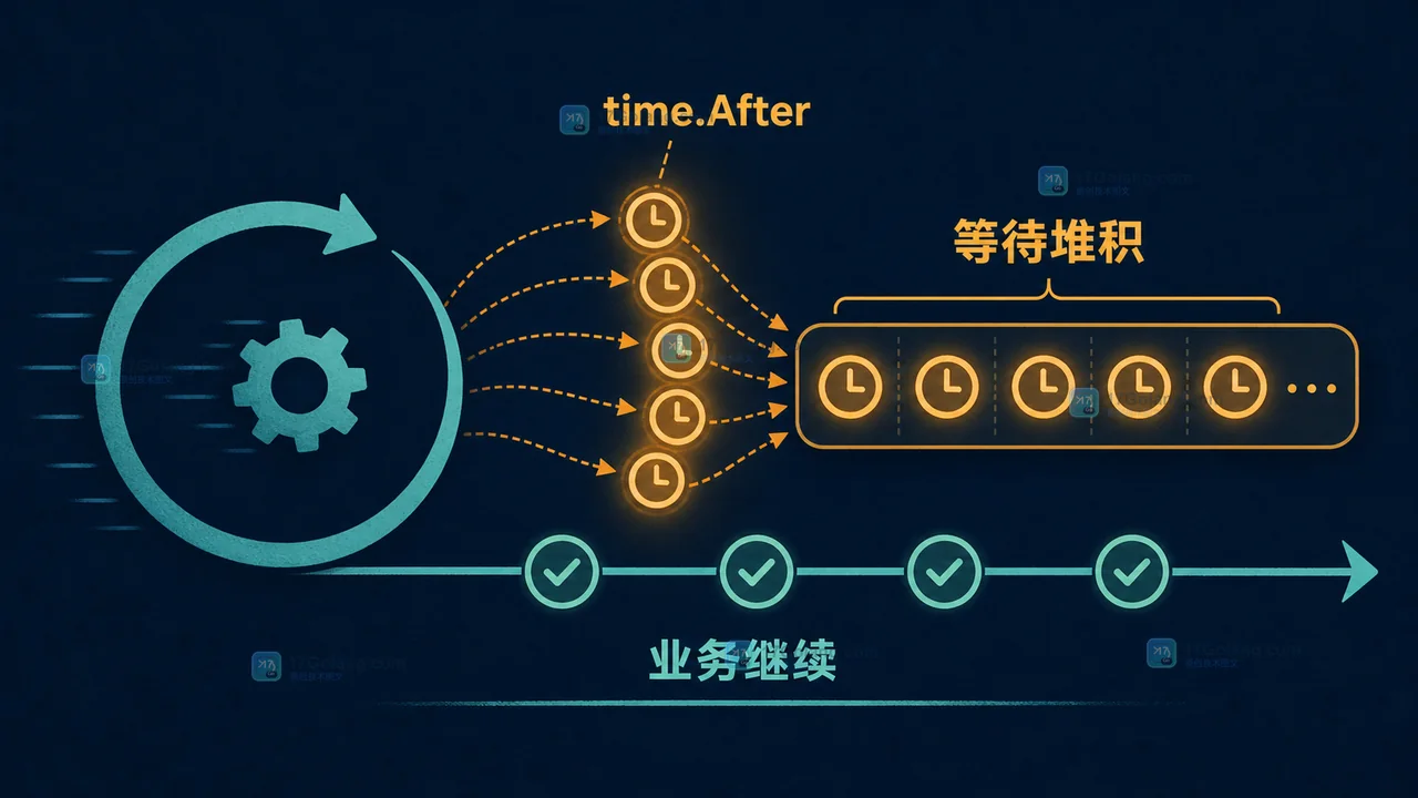Go time.After 循环中等待定时器堆积与业务处理速度错位的示意图