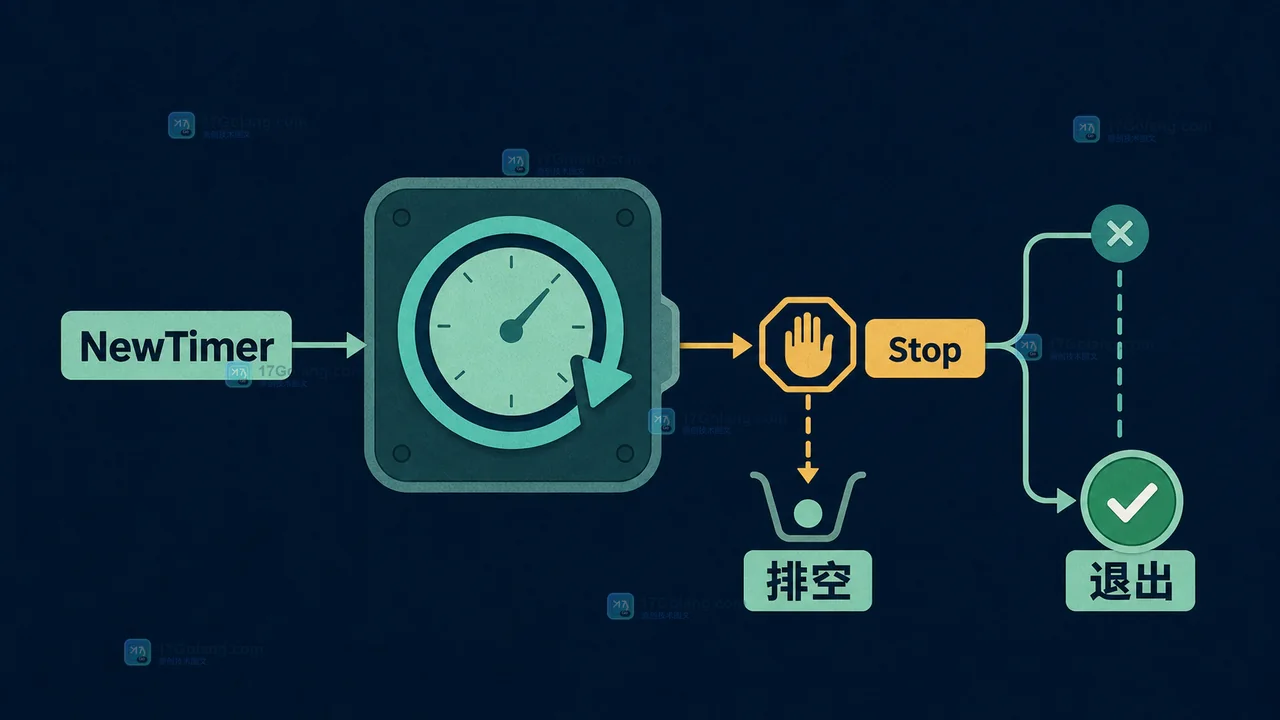 Go NewTimer 停止排空后重新计时的退出审计检查示意图