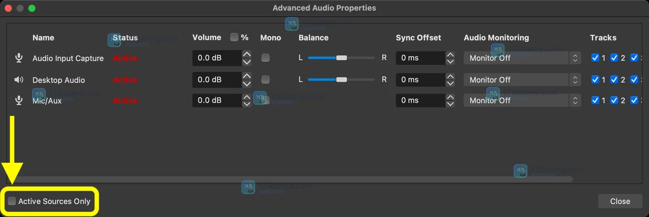 OBS Studio Advanced Audio Properties 中 Audio Monitoring 选项的官方界面截图
