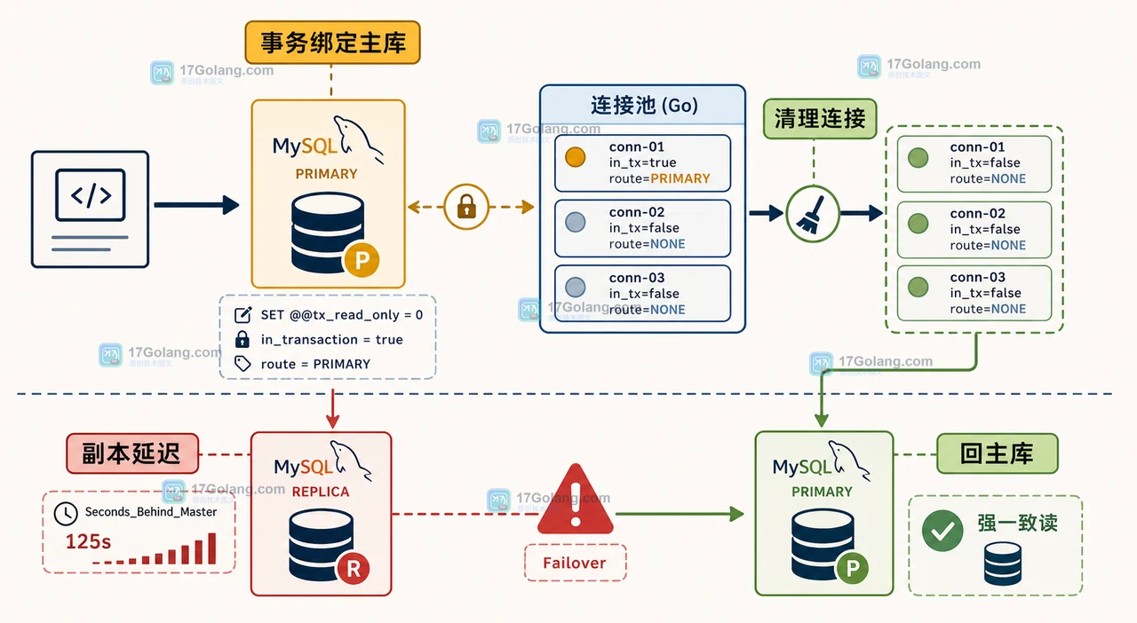 MySQL 8.4 事务绑定主库、连接池清理路由状态并在故障时回切主库