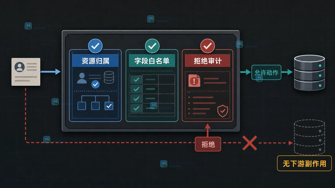 AI 工具授权验收中展示资源归属、字段白名单和拒绝审计结果的工程现场