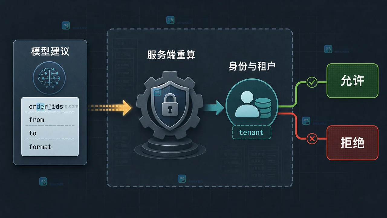 AI 工具参数从模型建议经过服务端重算后进入允许或拒绝分支的安全边界示意