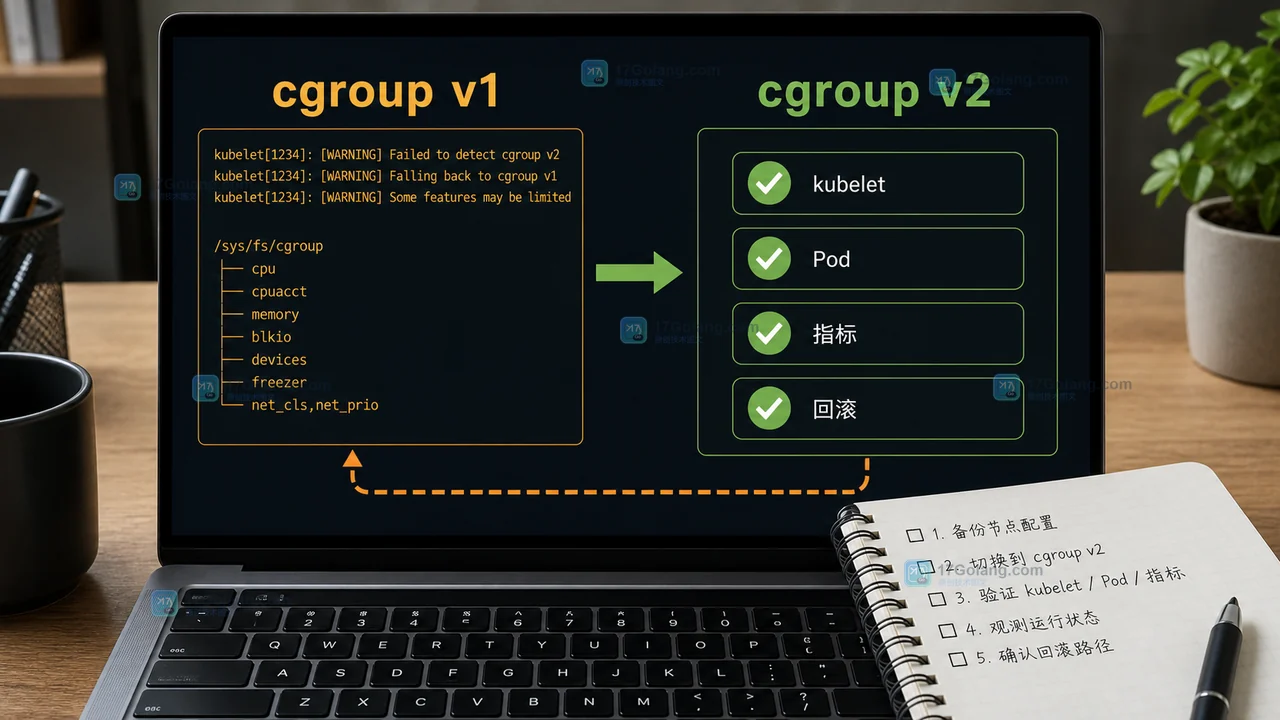 Kubernetes 节点从 cgroup v1 迁移到 v2 后进行灰度验收并保留回滚路线的工程插图