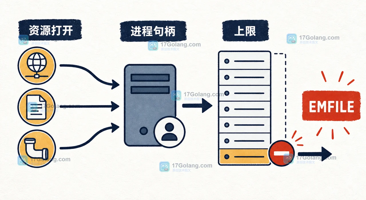 Linux 文件描述符从资源打开请求到进程上限和 EMFILE 的因果链插画