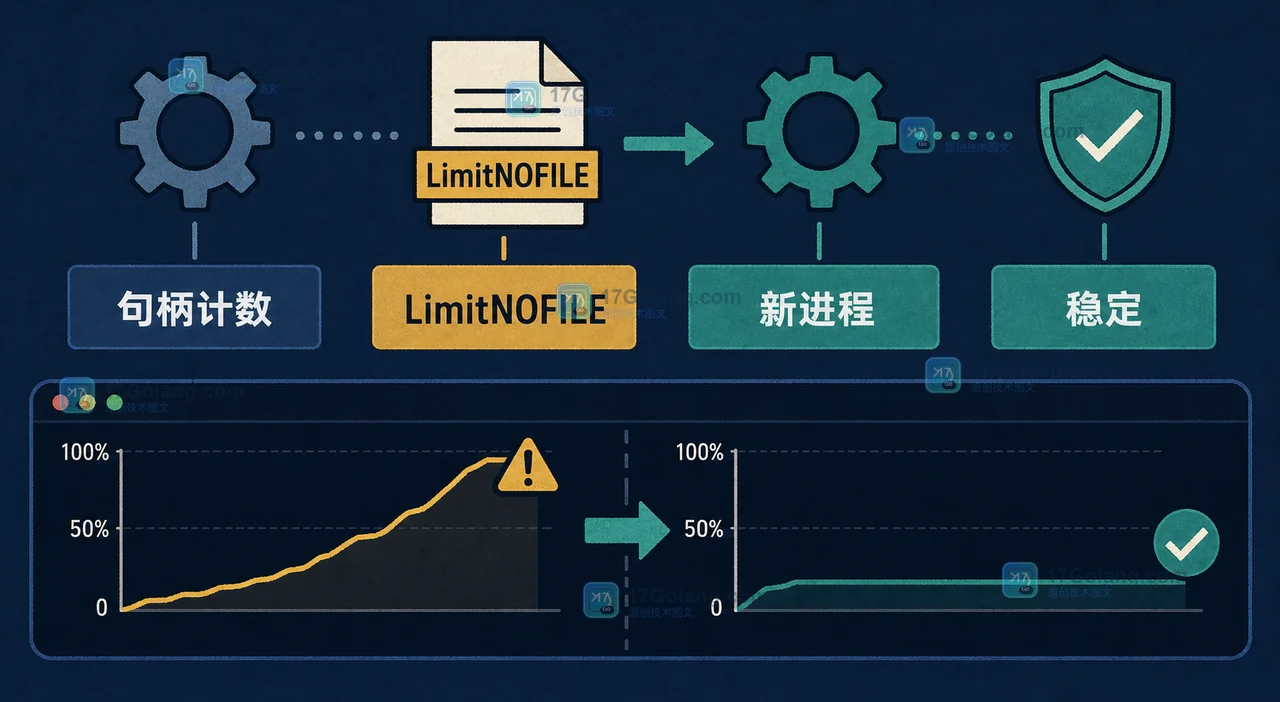 Linux 服务通过 LimitNOFILE 调整后检查进程句柄数量并验证恢复的工程证据插画