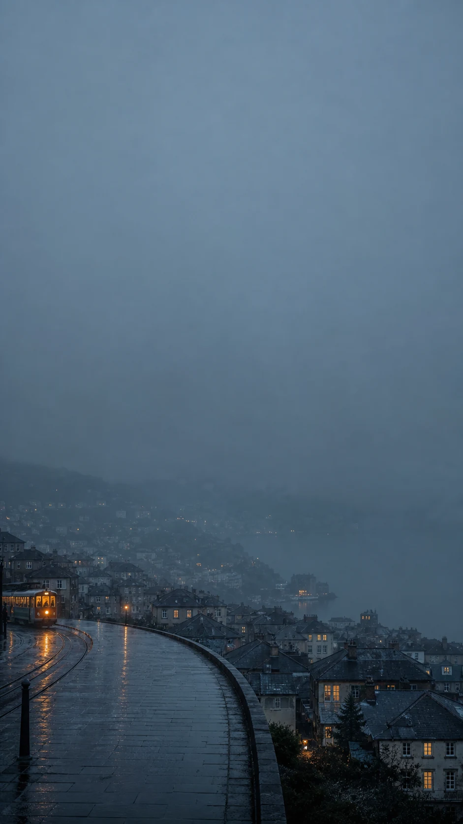 雨后山城电车站手机壁纸变体，远景弧形站台与左下暖灯形成不同构图