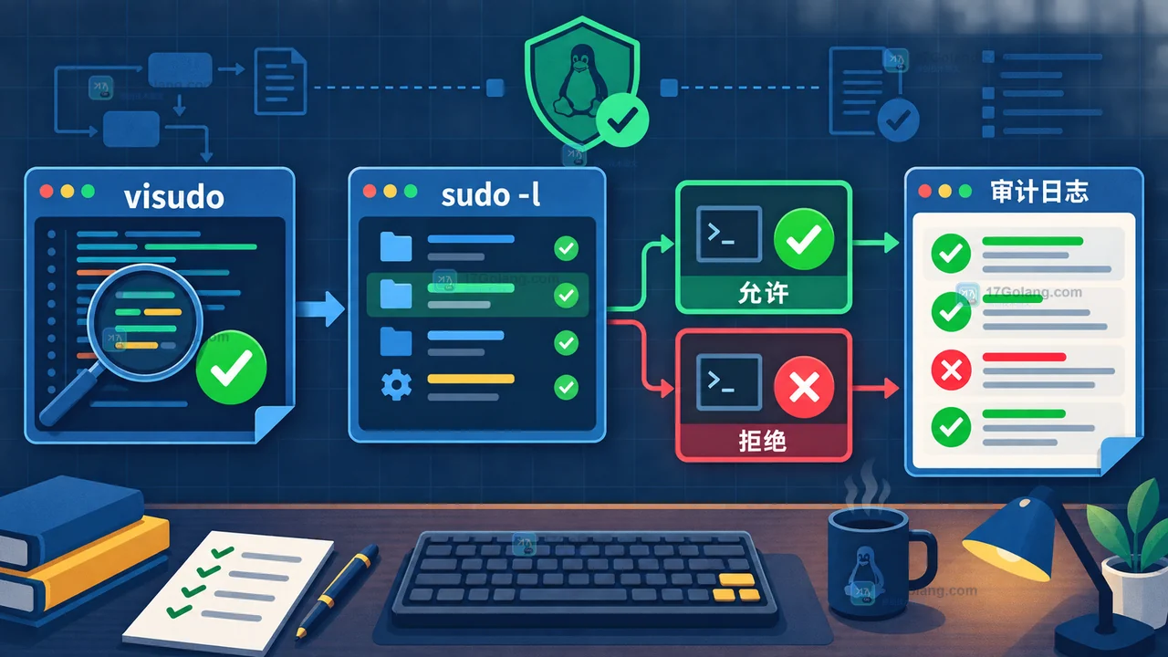 Linux sudoers 通过 visudo 校验、sudo -l 清单、允许与拒绝测试及日志回归验收的二维工程插画