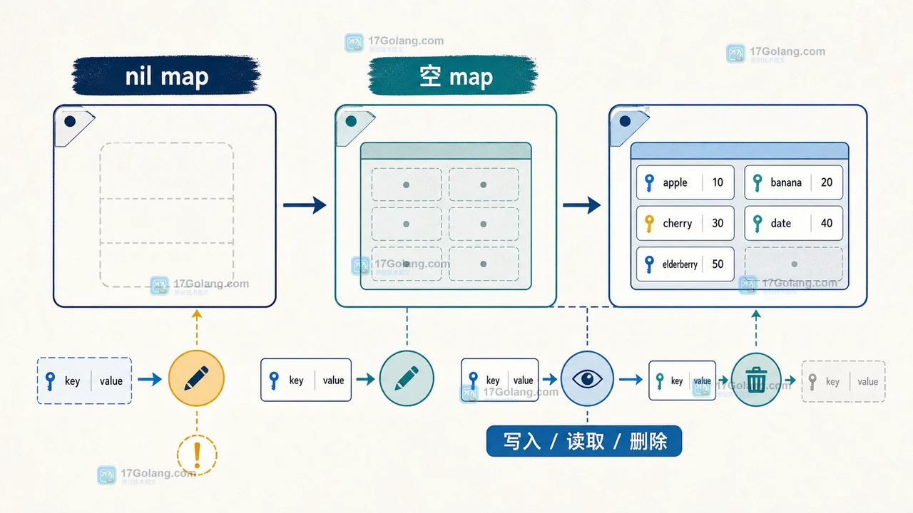 Go map 从 nil、空 map 到写入删除的生命周期状态变化