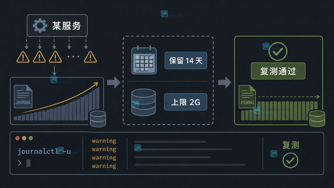 Linux journal 日志清理前后对照，按时间保留、按空间上限与服务错误复查