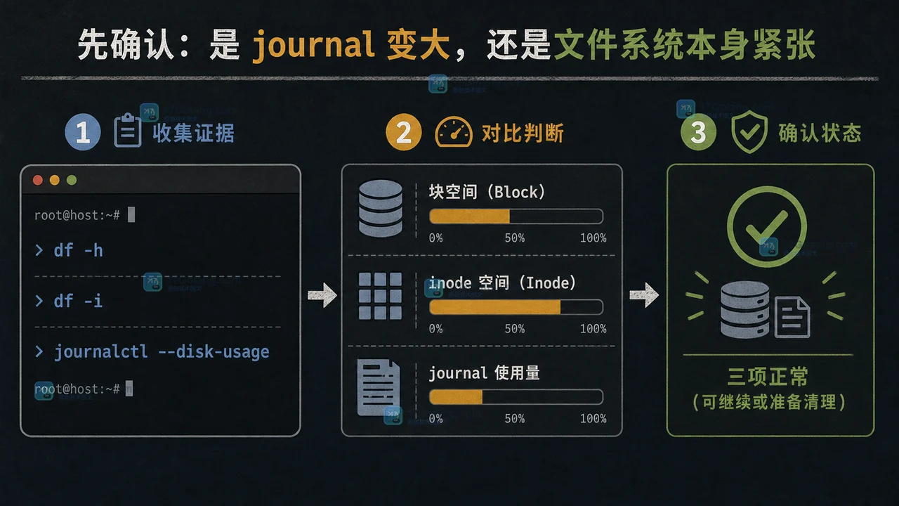 Linux journalctl 磁盘用量核对，df 空间、inode 与 journal 占用形成三项检查