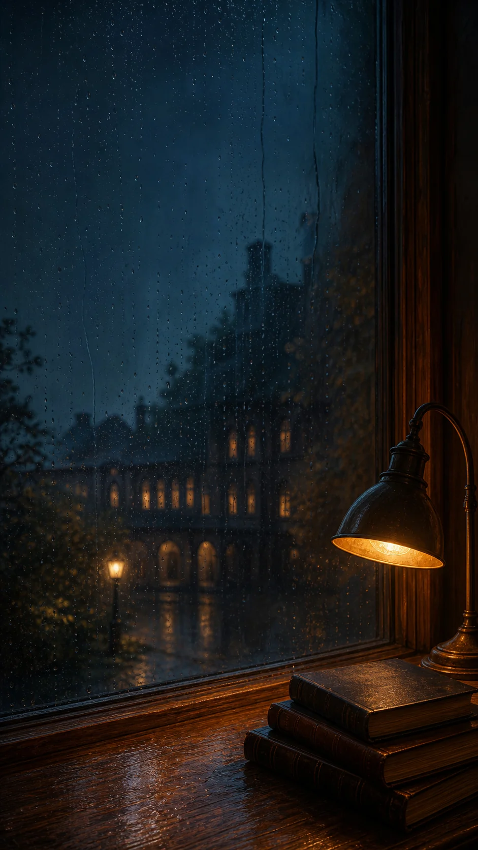 雨夜图书馆窗边手机壁纸提示词：锁屏留白与琥珀蓝变体