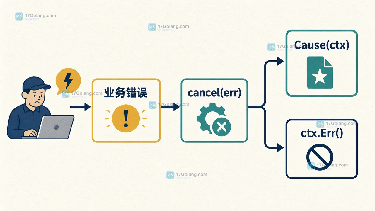 Go context.WithCancelCause 让子任务错误沿取消链传到协调者，区分 ctx.Err 与 context.Cause