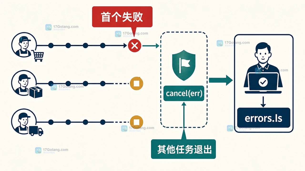 Go 并发任务由首个失败触发 cancel(err)，其他任务退出并由 errors.Is 验收错误链