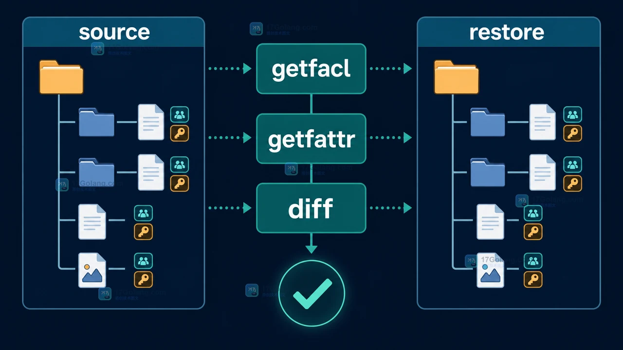 Linux tar 恢复后通过 getfacl、getfattr 与 diff 对比源目录和临时目录的验收流程