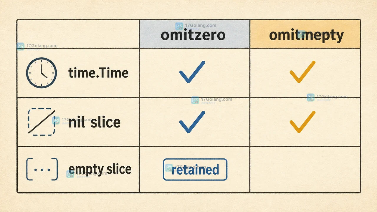 Go encoding/json 中 omitempty 与 omitzero 对 time.Time、空切片和零值字段的判断边界