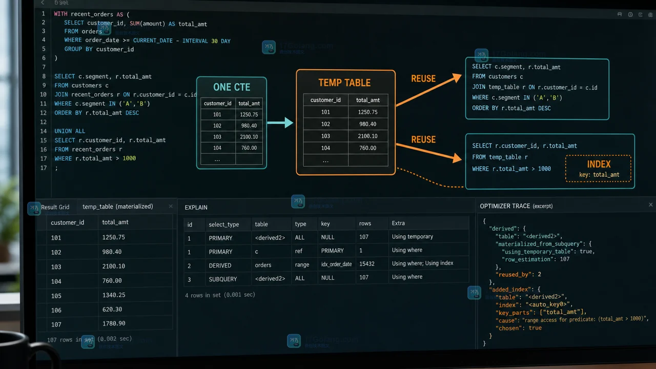 MySQL 8.4 CTE 物化一次后被两个外层引用复用并按需建立索引