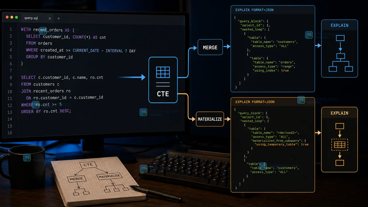 MySQL 8.4 EXPLAIN 对照 CTE 合并路径与物化临时结果集路径