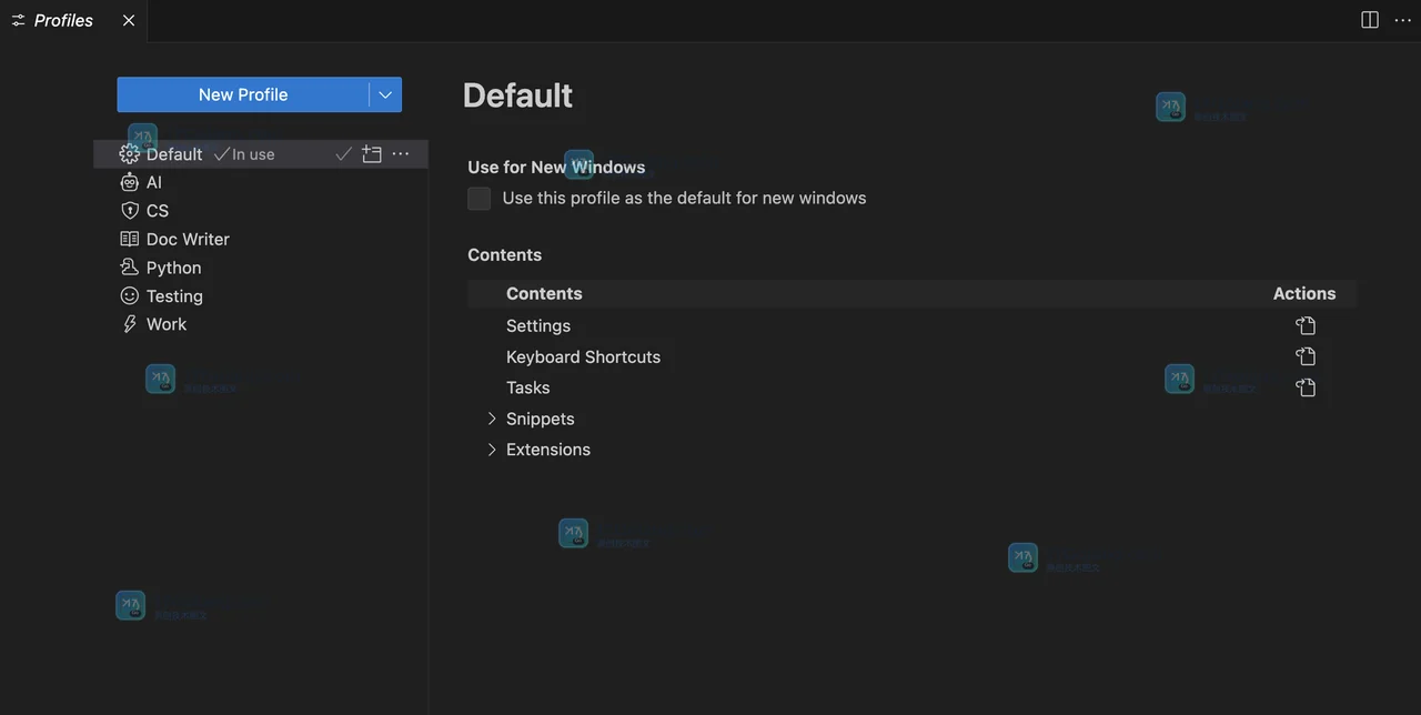 VS Code 官方 Profiles editor 界面,展示配置创建与管理入口