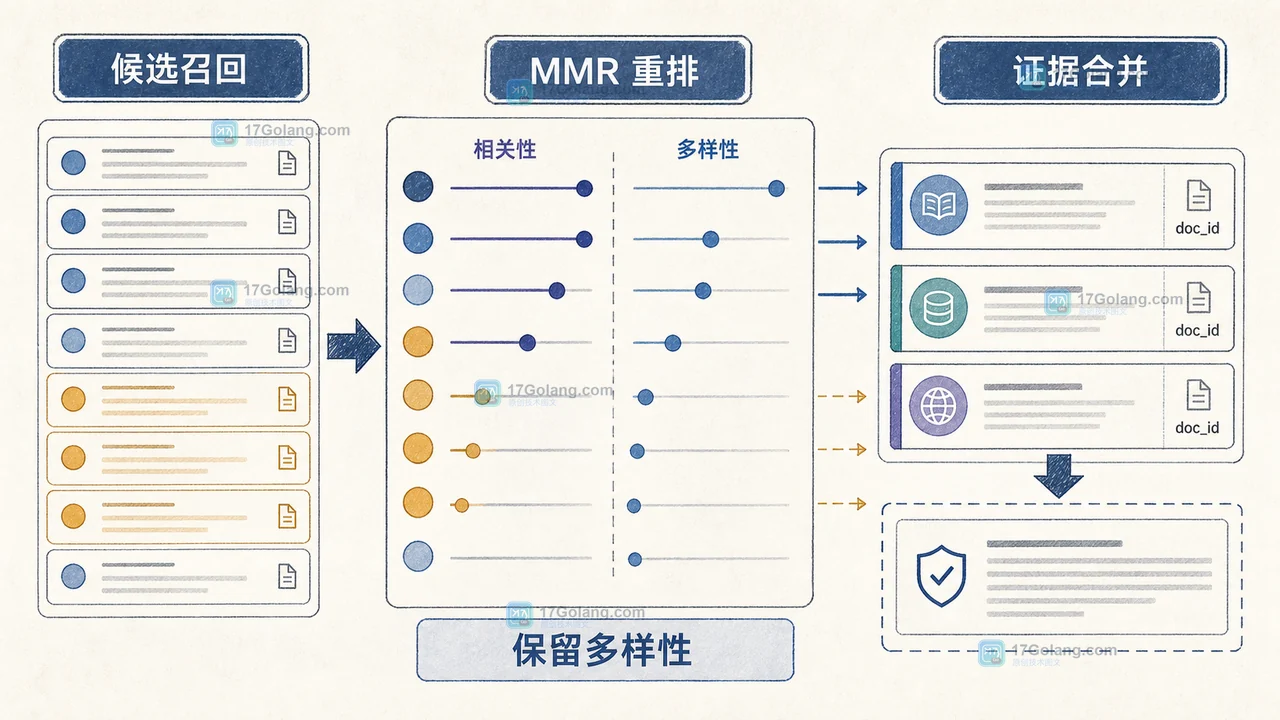 RAG 证据合并流程:候选召回经 MMR 重排后保留不同来源并稳定去重