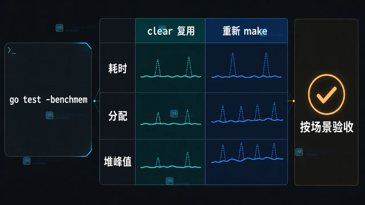 Go map 清理策略基准测试中耗时分配与堆占用的对比面板