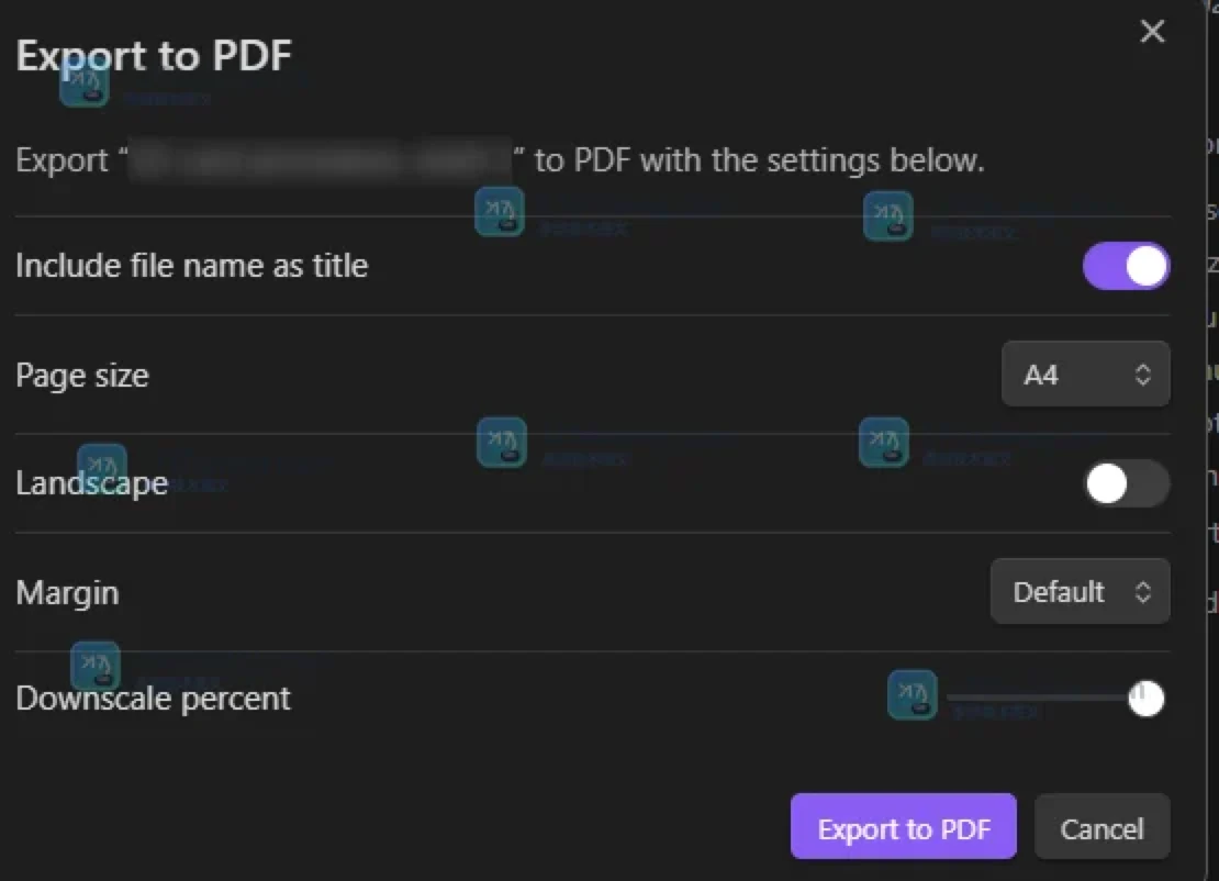 Obsidian Export to PDF 导出面板中的文件名标题、纸张大小和方向设置