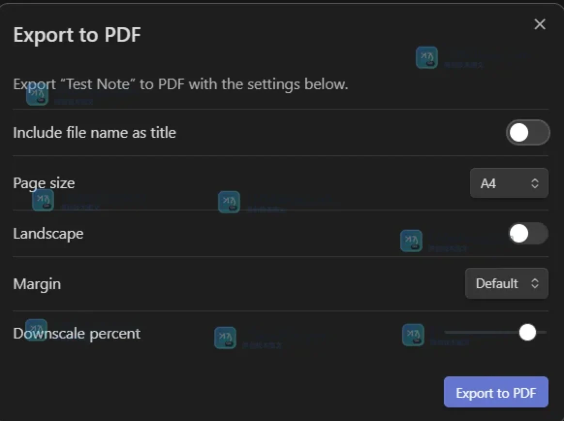 Obsidian PDF 导出设置中 A4 页面、边距、横向开关与缩放比例的真实界面