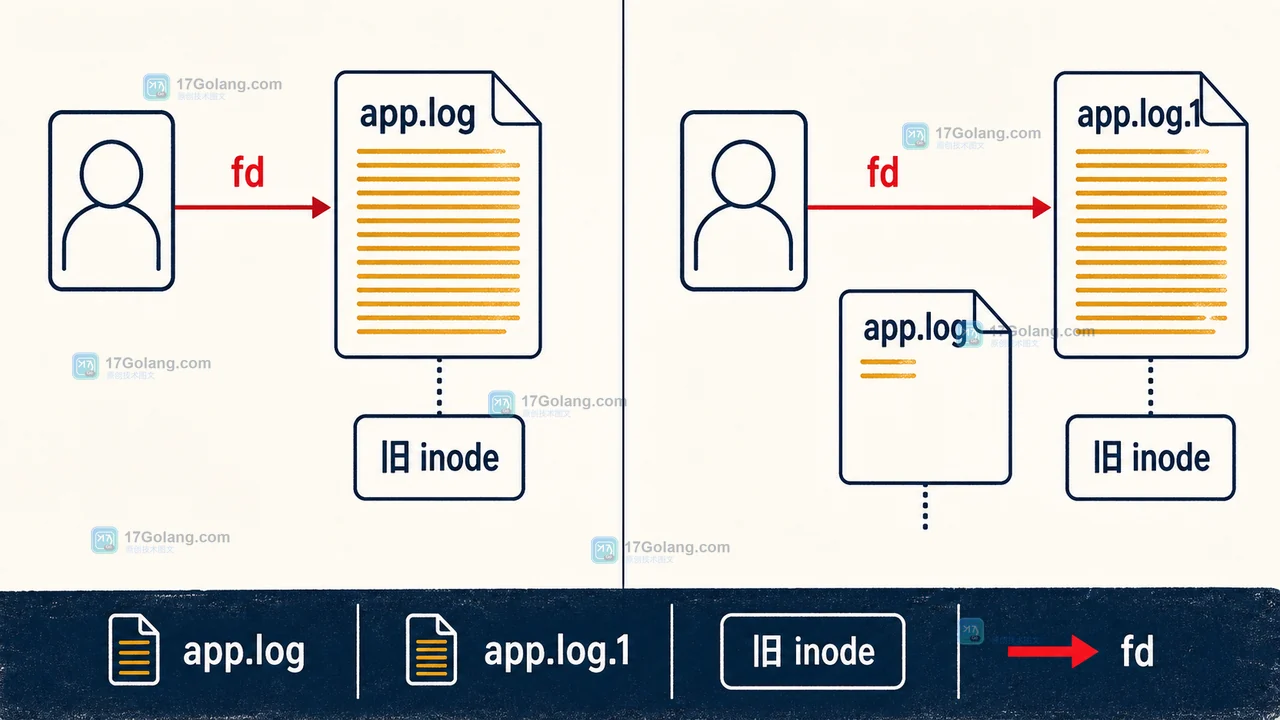 Python 日志轮转后旧 inode 仍被进程 fd 持有,检查 app.log 与 app.log.1 的写入路径