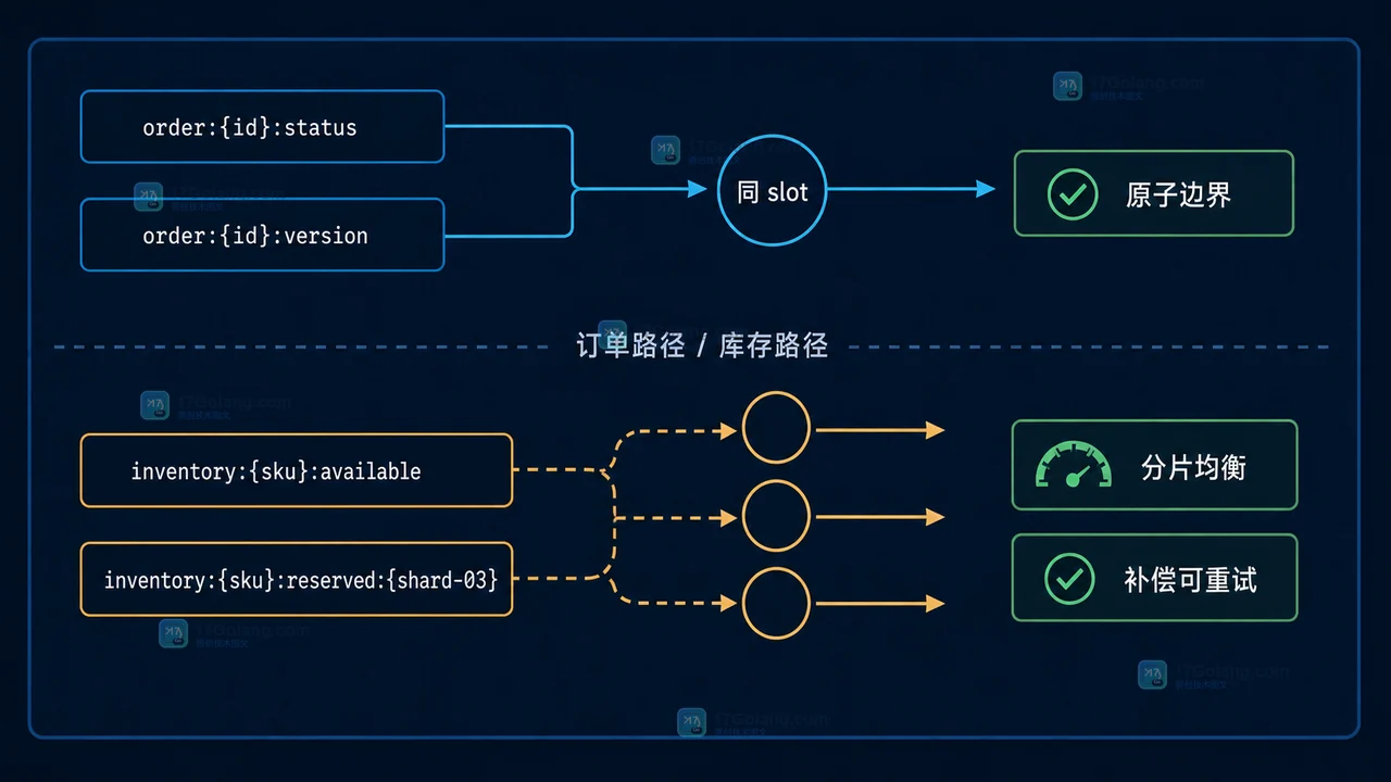 Redis Cluster 哈希标签改造后,订单原子路径与库存分片路径分开并完成资源预算校验的示意图
