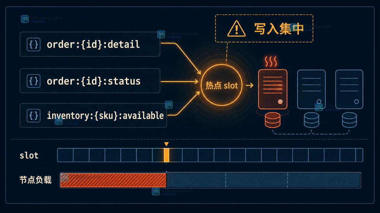 Redis Cluster 哈希标签改造前,订单与库存集中到同一个热点 slot 的资源分布示意图