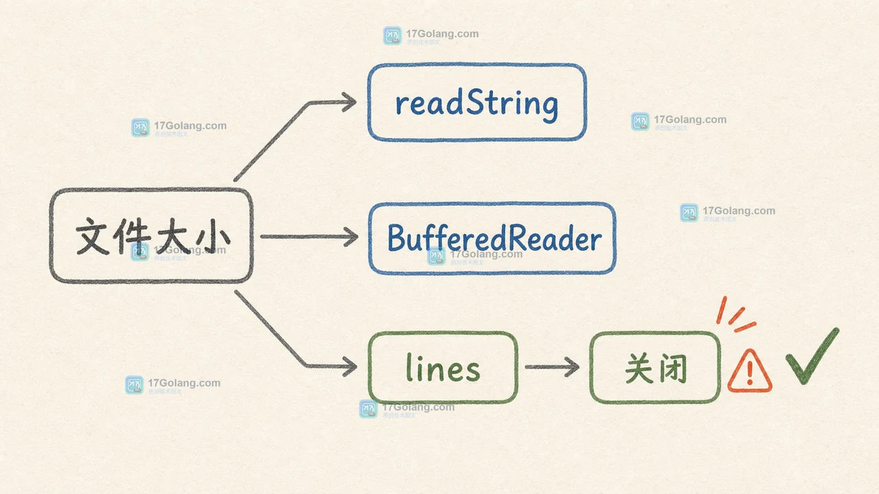 Java 大文件读取决策路径:小文本使用 Files.readString,大文件按行使用 BufferedReader,异常数据转入受限缓冲