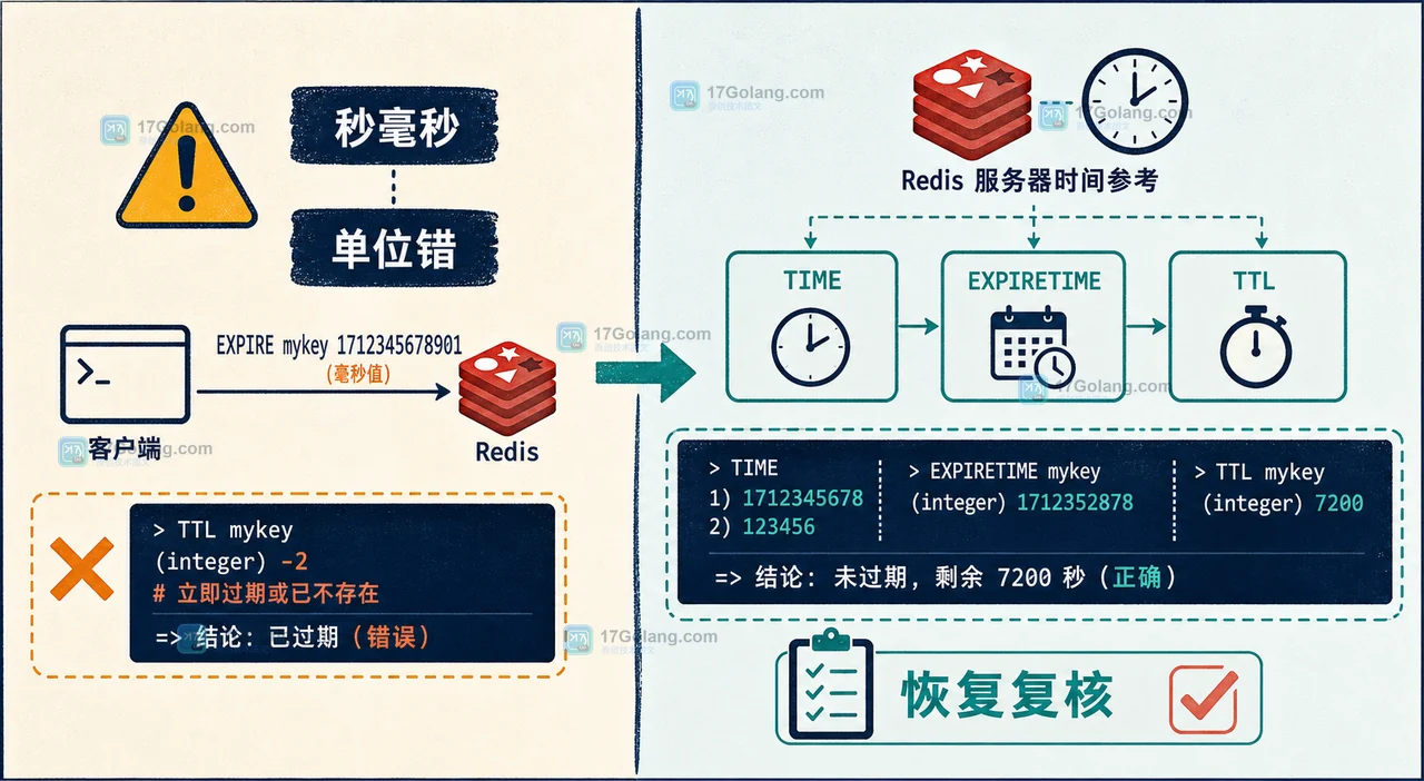 Redis EXPIRETIME 审计分支：秒毫秒混用、应用时钟偏差与重启恢复后的复核检查