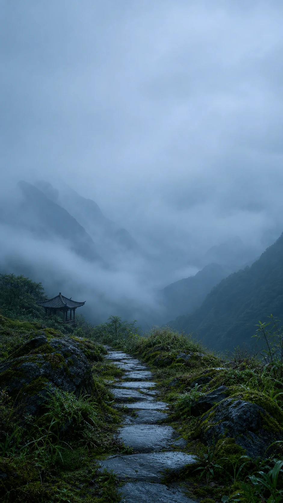 冷蓝雨幕下偏左茶亭与宽顶部留白的竖屏手机壁纸变体