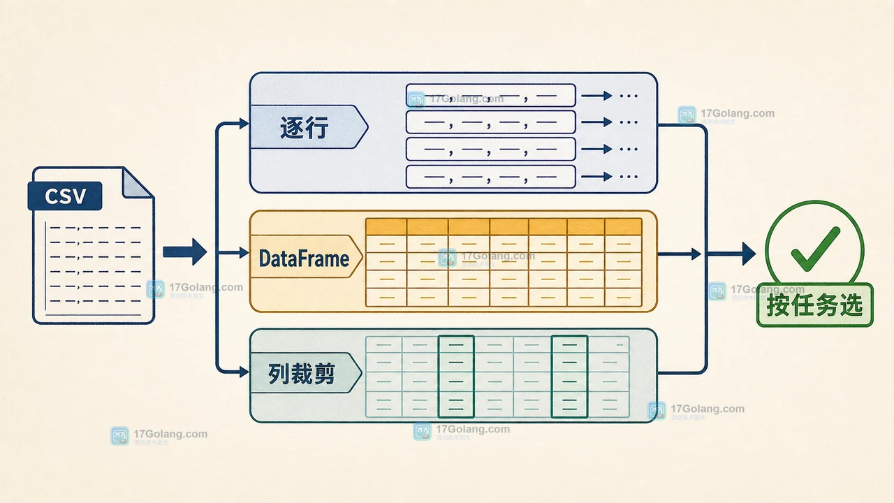 Python CSV 读取选型:csv 逐行、pandas 表格与 polars 列裁剪的调用链对比