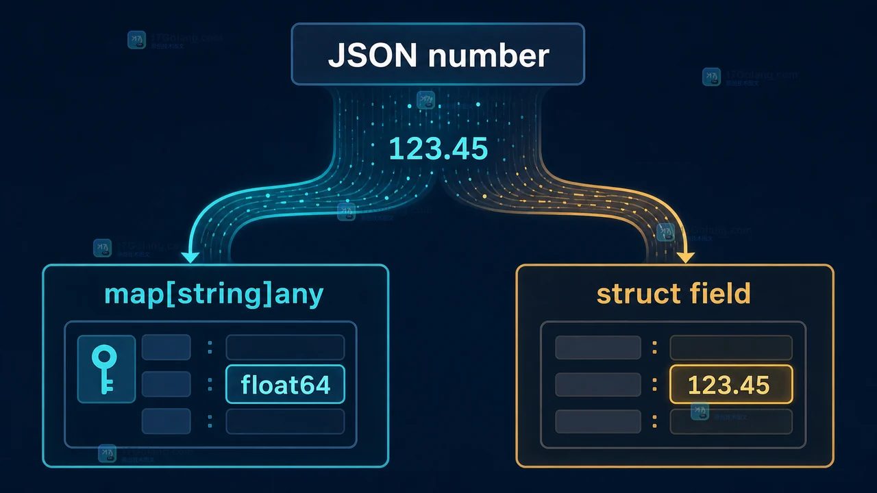 Go JSON 数字解码到 float64 的类型分流示意：map 接口值与结构体字段的不同路径