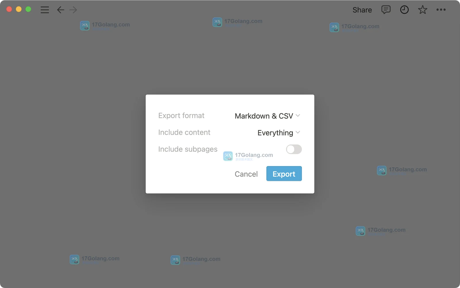 Notion 官方 Markdown and CSV 导出对话框，显示内容范围、子页面开关和 Export 按钮