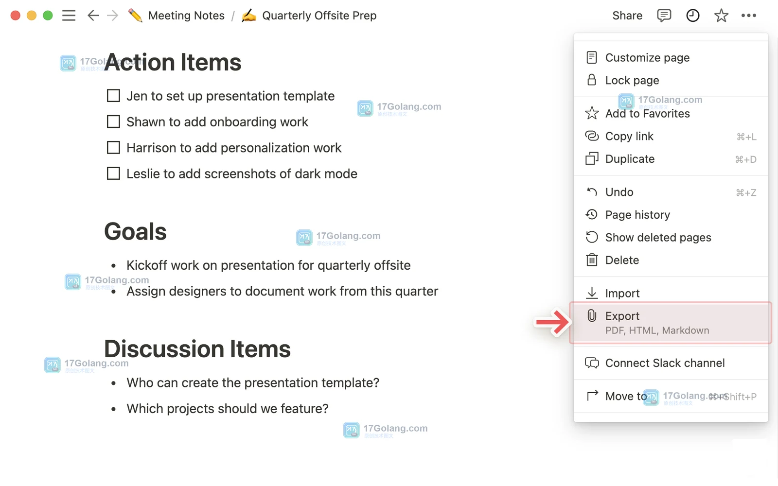 Notion 页面右上角三点菜单中的 Export 导出入口