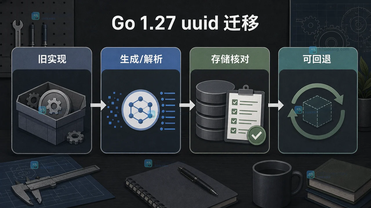 Go 1.27 uuid 从旧依赖到标准库的迁移核对链，包含生成解析存储和回退节点