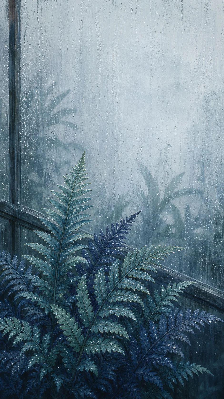 雨后玻璃温室里的蓝色蕨叶手机锁屏壁纸主成片，顶部保留雾化留白