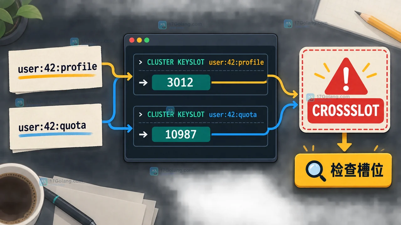 Redis Cluster 用 CLUSTER KEYSLOT 对照两个用户键槽位并定位 CROSSSLOT 的检查路径